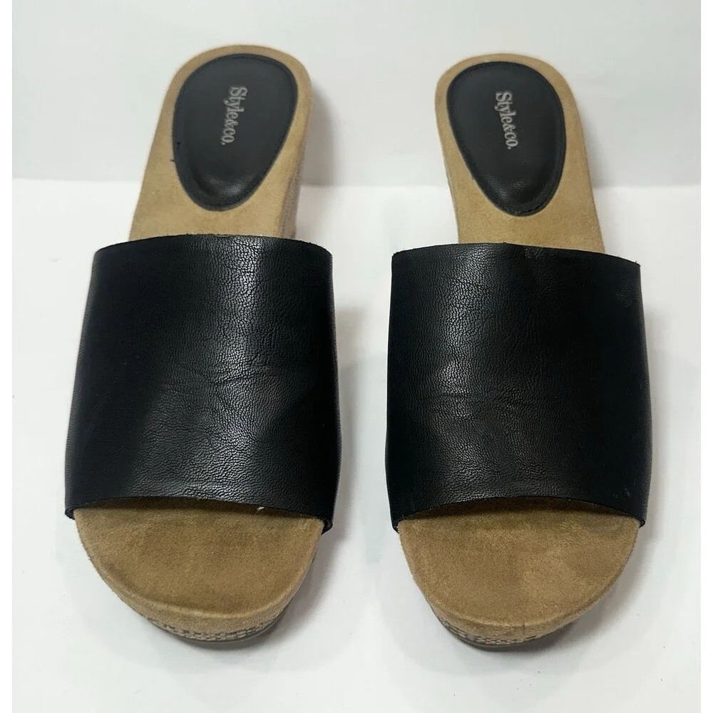 Style & Co Black Slide Wedge Sandals Women’s 7.5M Espadrille Look